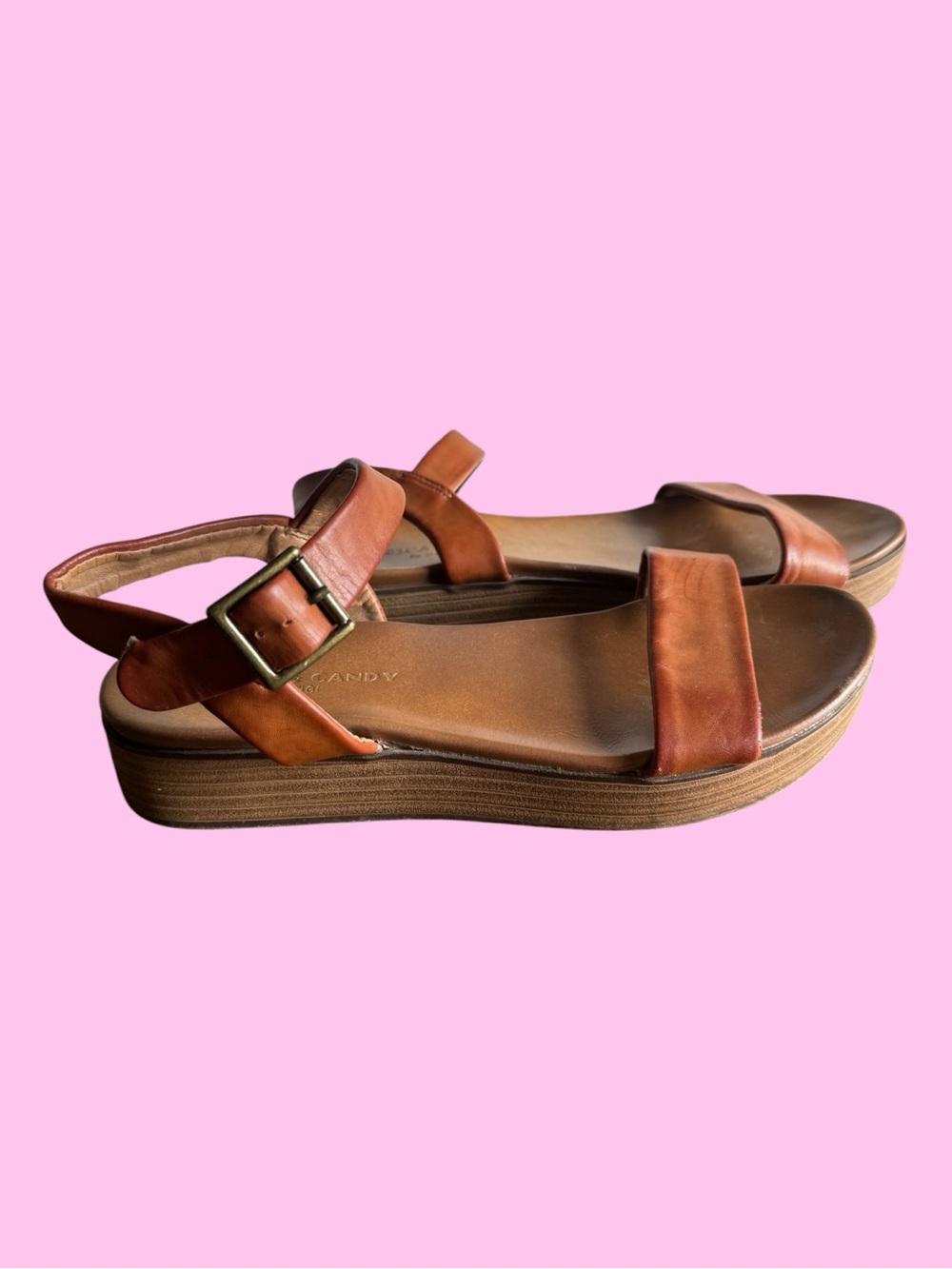 Rock & Candy Tan Leather Platform Sandals with Buckle Ankle Strap